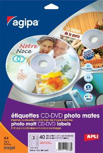 agipa 118936 étiquettes CD/DVD jet d'encre photo mat diam 114 mm - Poch 20 feuilles