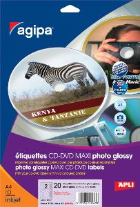 agipa 119847 étiquettes CD/DVD Jet d'encre photo brillantes diam 117.5 mm - Pochette de 20 feuilles