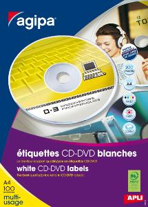 agipa 119884 étiquettes CD/DVD Multiusage diam 117.5 mm - Boîte de 100 feuilles